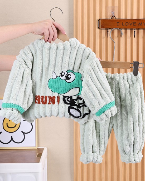 【9M-4Y】2-piece Boys Thick Flannel Dinosaur Embroidered Pajama Set