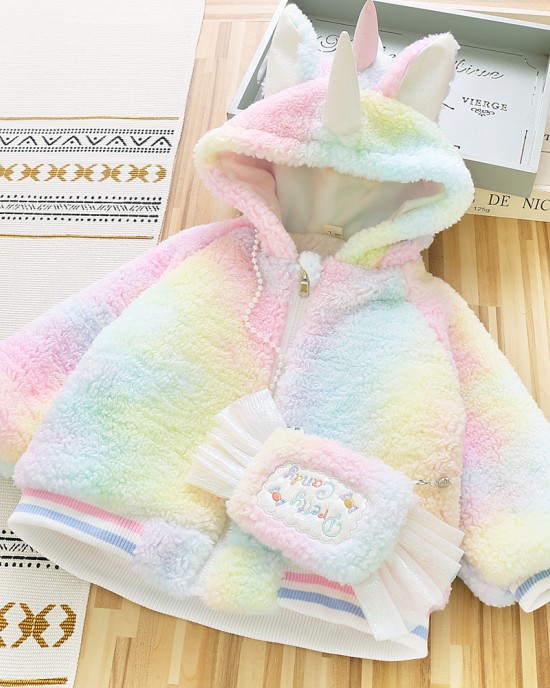 【18M-8Y】2-piece Girls Thick Fleece Gradient Unicorn Hooded Jacket With Bag