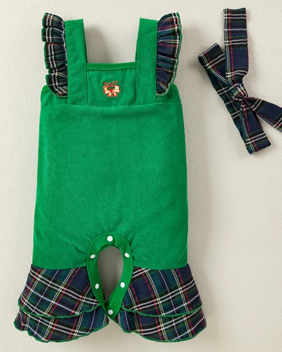 【3M-24M】2-piece Baby Girl Corduroy Christmas Plaid Jumpsuit With Hairband