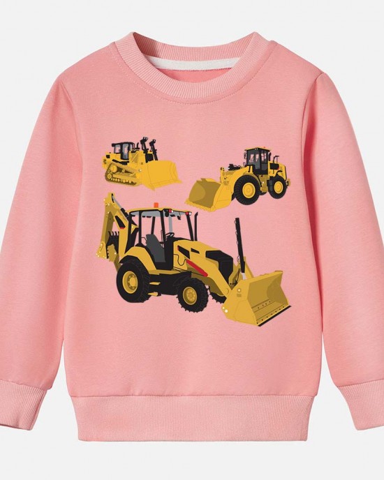 【12M-9Y】Boys Cotton Stain Resistant Excavator And Tractor Print Long Sleeve Sweatshirt