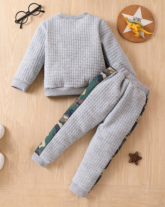 【18M-6Y】2-piece Boys Thick Camouflage Dinosaur Embroidered Long Sleeve Sweatshirt And Pants Set