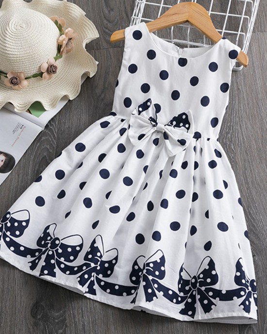 【2Y-12Y】Girls Polka Dot Bow Print Sleeveless Dress - 33315