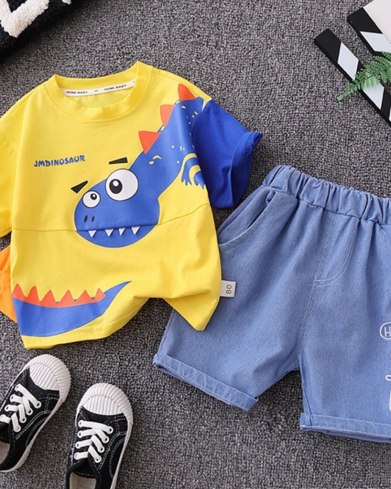 【9M-4Y】2-piece Boys Dinosaurs Print Short-sleeved T-shirt And Denim Shorts Set