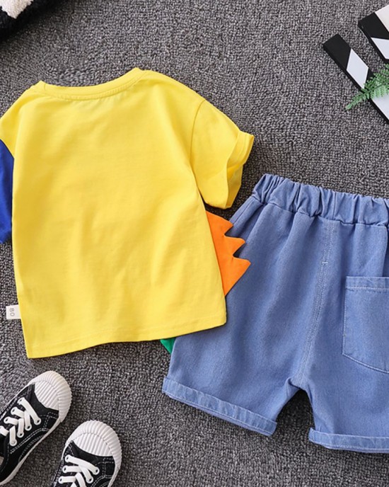 【9M-4Y】2-piece Boys Dinosaurs Print Short-sleeved T-shirt And Denim Shorts Set