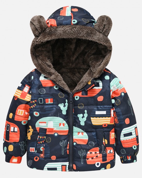 【18M-6Y】Boys Thick Car Space Camo Print Reversible Hooded Fleece Coat