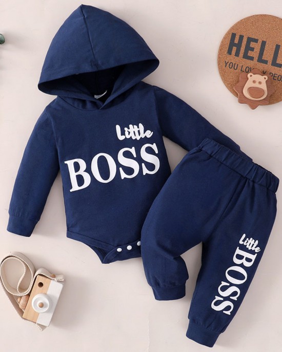 【0M-24M】2-piece Baby Boy Letter Print Long-sleeved Hooded Romper And Pants Set