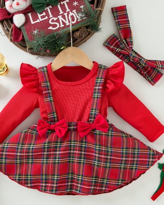 【3M-24M】2-piece Baby Girl Christmas Plaid Long Sleeve Romper With Hairband