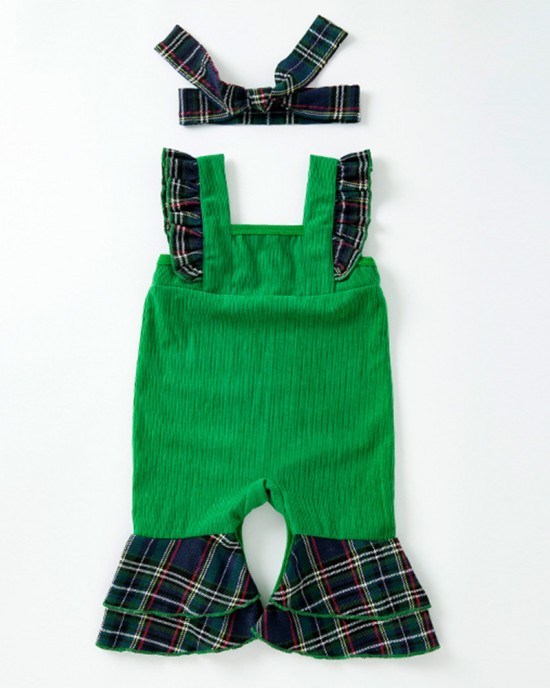 【3M-24M】2-piece Baby Girl Corduroy Christmas Plaid Jumpsuit With Hairband