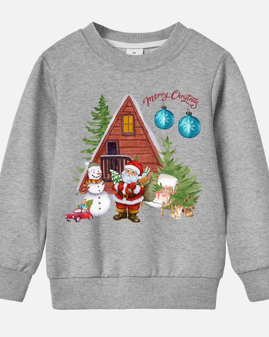 【12M-9Y】Unisex Kids Cotton Stain Resistant Christmas Print Long Sleeve Sweatshirt