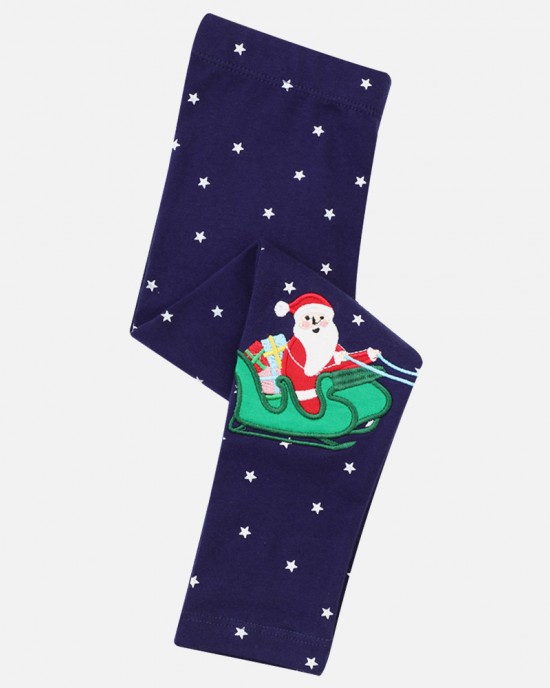 【18M-7Y】Girls Navy Blue Christmas Embroidered Leggings