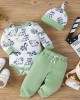 【0M-18M】3-piece Baby Boy Dinosaur Print Long Sleeve Romper And Pants Set With Hat