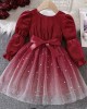 【18M-6Y】Girls Red Velvet Star Mesh Long Sleeve Dress