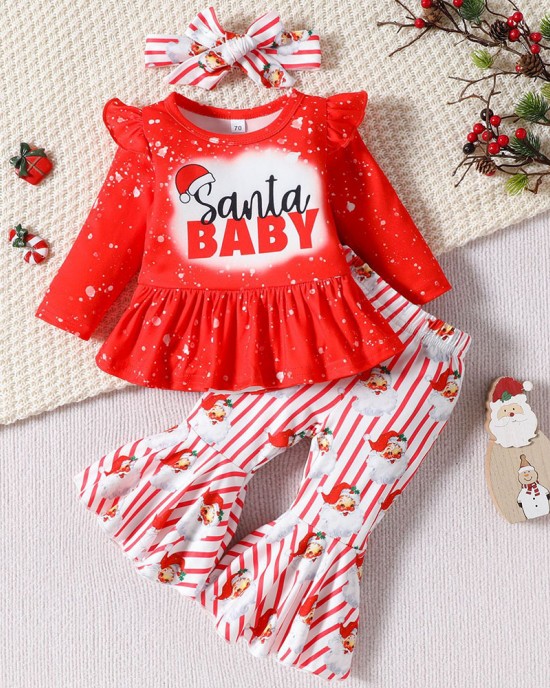 【3M-18M】3-piece Baby Girl Red Christmas Print Long Sleeve T-shirt And Pants Set With Hairband