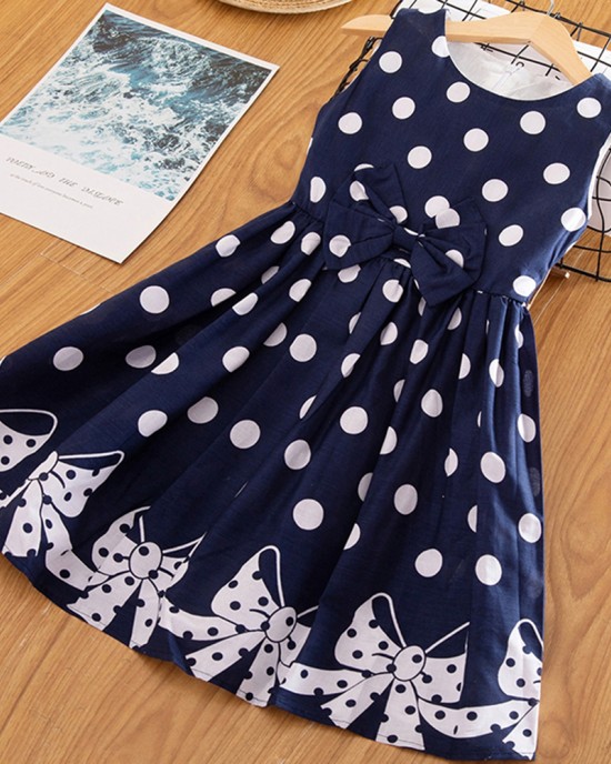 【2Y-12Y】Girls Polka Dot Bow Print Sleeveless Dress - 33315