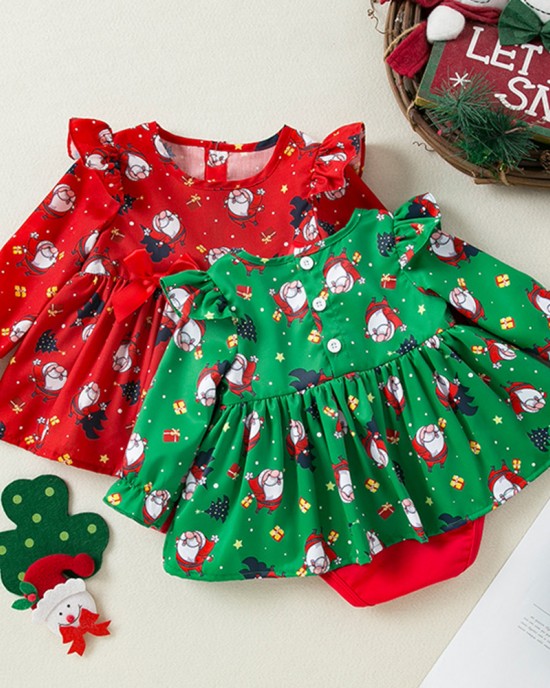 【3M-24M】Baby Girl Christmas Print Long Sleeve Romper