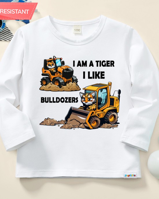 【12M-9Y】Boy Cotton Stain Resistant Bulldozer Print Long Sleeve Tee