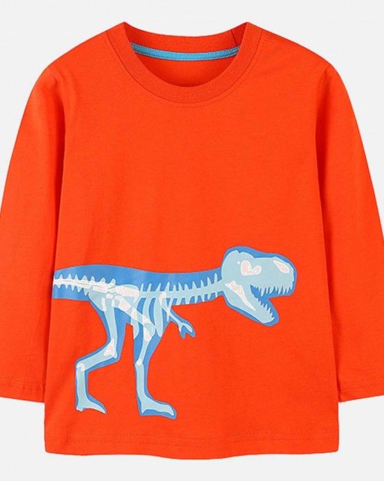 【18M-7Y】Boys Orange Luminous Dinosaur Print Round Neck Long Sleeve T-shirt