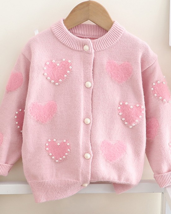 【18M-6Y】Girls Heart Pearl Long Sleeve Sweater Cardigan