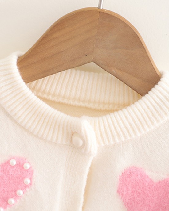 【18M-6Y】Girls Heart Pearl Long Sleeve Sweater Cardigan