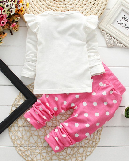 【9M-7Y】2-piece Girls Polka Dot Print Long-sleeved T-shirt And Pants Set - 34276