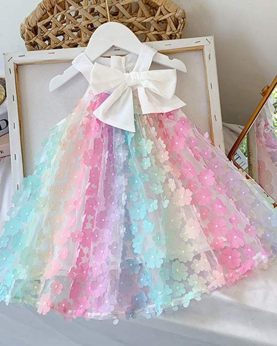 【18M-9Y】Girl Sweet Color Three-dimensional Flower Sleeveless Dress - 33179