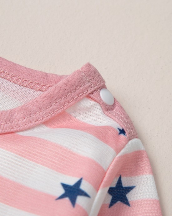 【0M-12M】Baby Girl Pink Striped Star Print Long Sleeve Romper