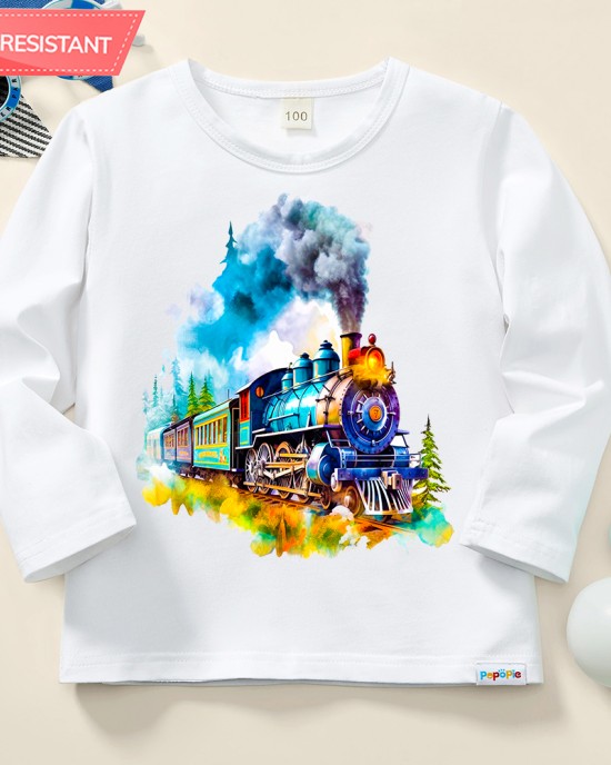 【12M-9Y】Boy Cotton Stain Resistant Train Print Long Sleeve Tee