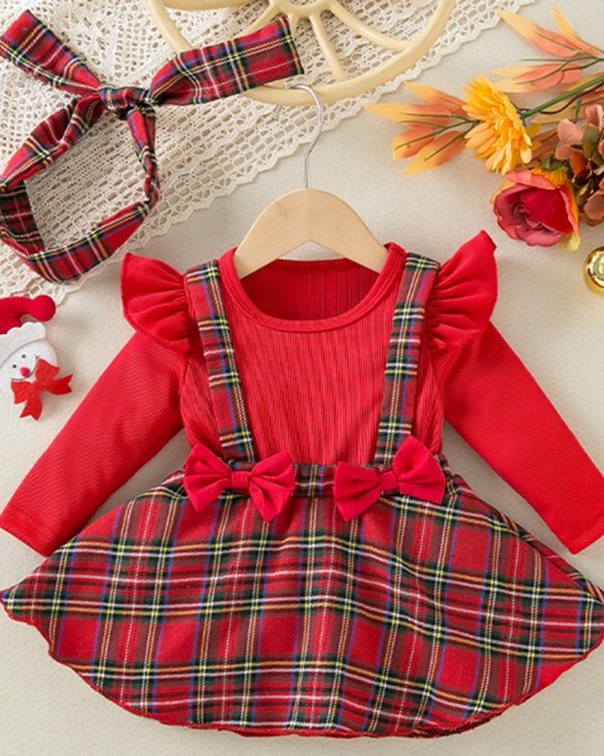 【3M-24M】2-piece Baby Girl Christmas Plaid Long Sleeve Romper With Hairband