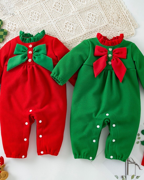 【3M-24M】Baby Girl Christmas Bow Long Sleeve Romper