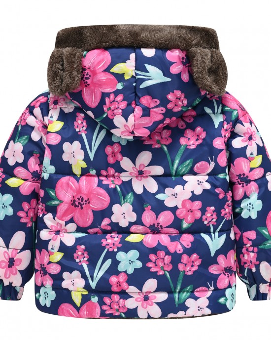 【18M-6Y】Girls Thick Floral Reversible Hooded Fleece Jacket