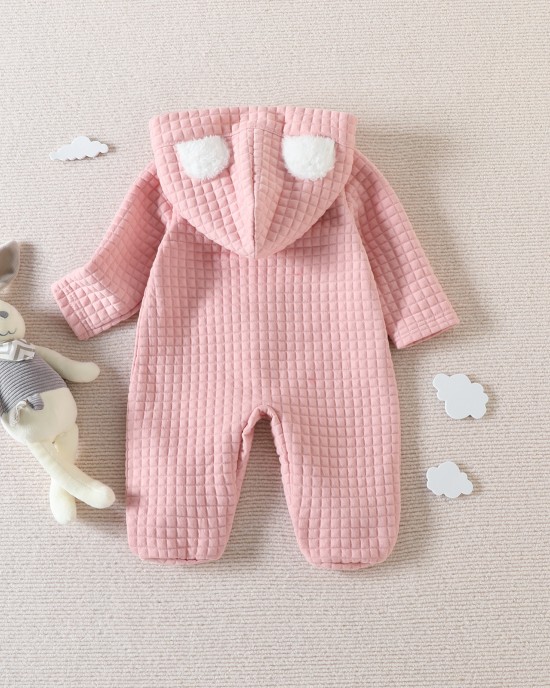 【0M-9M】Baby Girl Pink Thick Cloud Embroidered Long Sleeve Hooded Romper