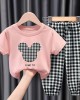 【18M-9Y】Unisex Kids Cartoon Print Short-sleeved T-shirt And Plaid Pants Set - 34359