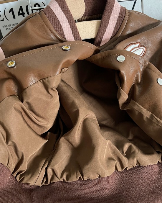 【18M-8Y】Girls Brown Bunny Embroidered PU Leather Jacket