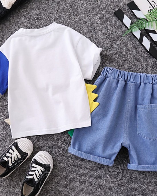 【9M-4Y】2-piece Boys Dinosaurs Print Short-sleeved T-shirt And Denim Shorts Set