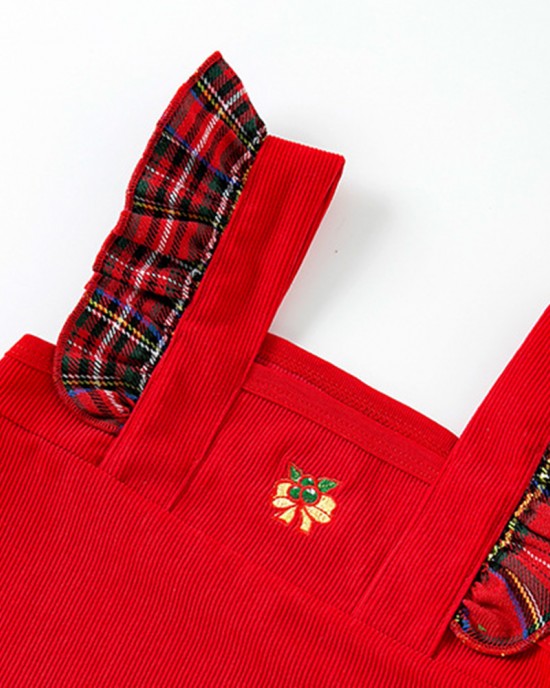 【3M-24M】2-piece Baby Girl Corduroy Christmas Plaid Jumpsuit With Hairband