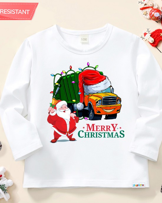 【12M-9Y】Unisex Kid Cotton Stain Resistant Christmas Truck Print Long Sleeve Tee