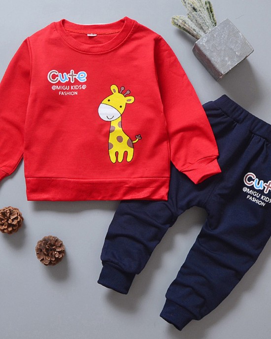 【9M-4Y】2-piece Unisex Giraffe Print Long-sleeved Sweatshirt And Pants Set