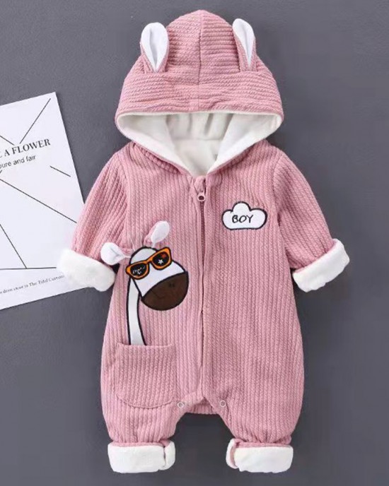 【3M-24M】Unisex Baby Thick Giraffe Embroidered Hooded Long Sleeve Romper