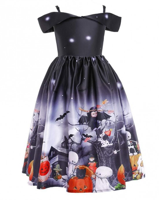 【2Y-11Y】2-piece Girls Multicolor Halloween Print Princess Dress With Hat