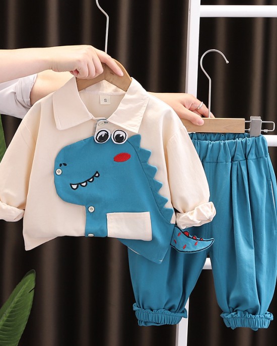 【9M-4Y】2-piece Boys Dinosaur Embroidered Long Sleeve Shirt And Pants Set