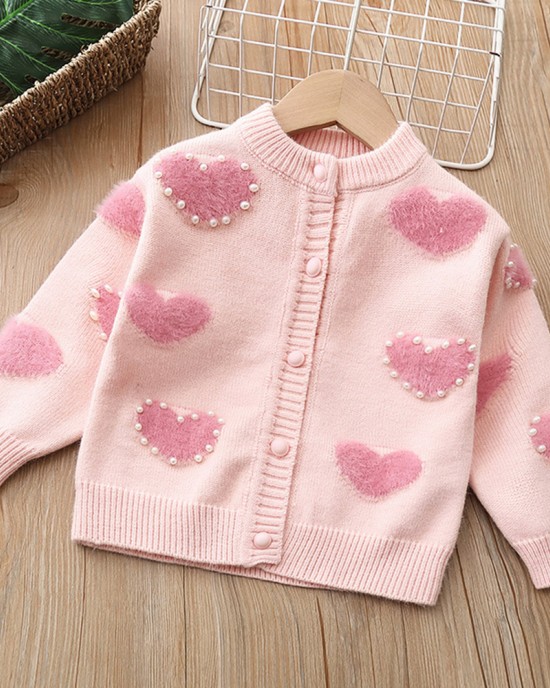 【18M-6Y】Girls Heart Pearl Long Sleeve Sweater Cardigan