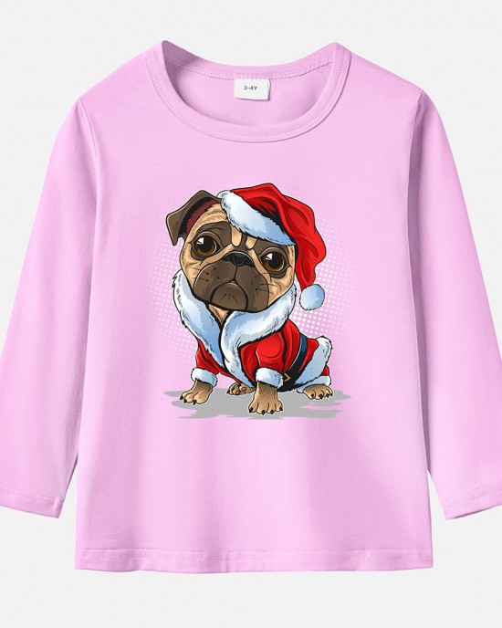 【12M-9Y】Unisex Kid Cotton Stain Resistant Christmas Dog Print Long Sleeve Tee