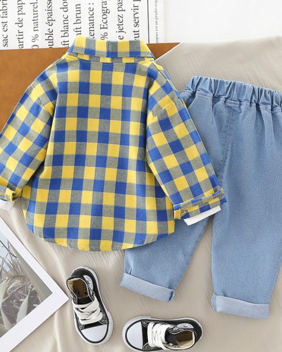 【9M-4Y】3-piece Boys Bear Print Long-sleeved T-shirt And Plaid Shirt And Jeans Set