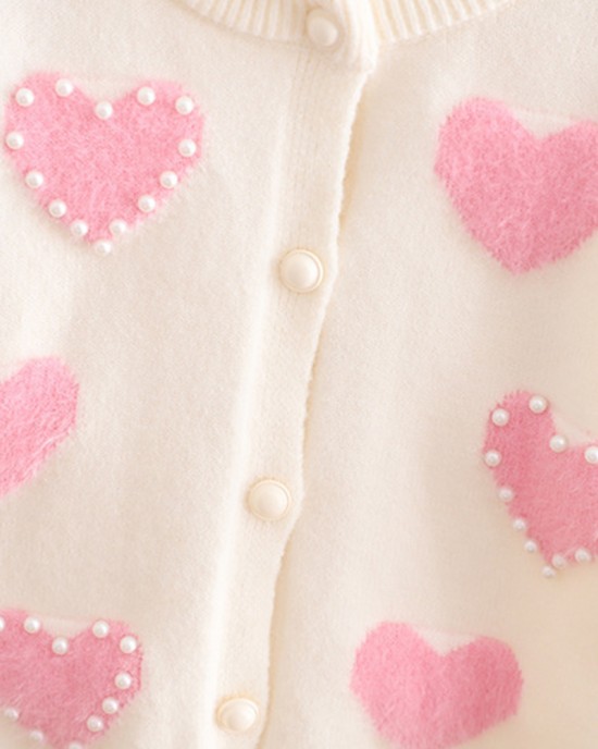 【18M-6Y】Girls Heart Pearl Long Sleeve Sweater Cardigan