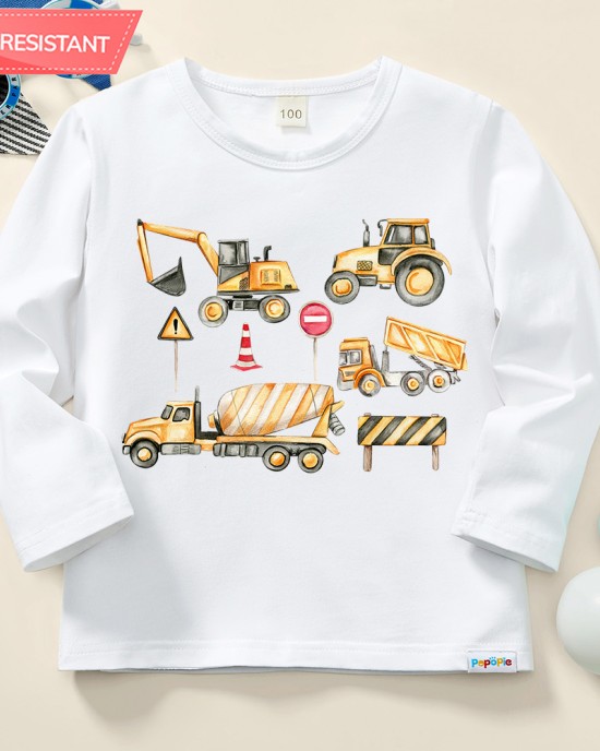 【12M-9Y】Boy Cotton Stain Resistant Excavators And Dump Trucks Print Long Sleeve Tee