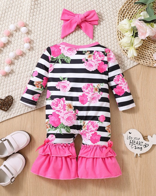 【0M-18M】2-piece Baby Girl Striped Floral Print Long Sleeve Romper With Hairband