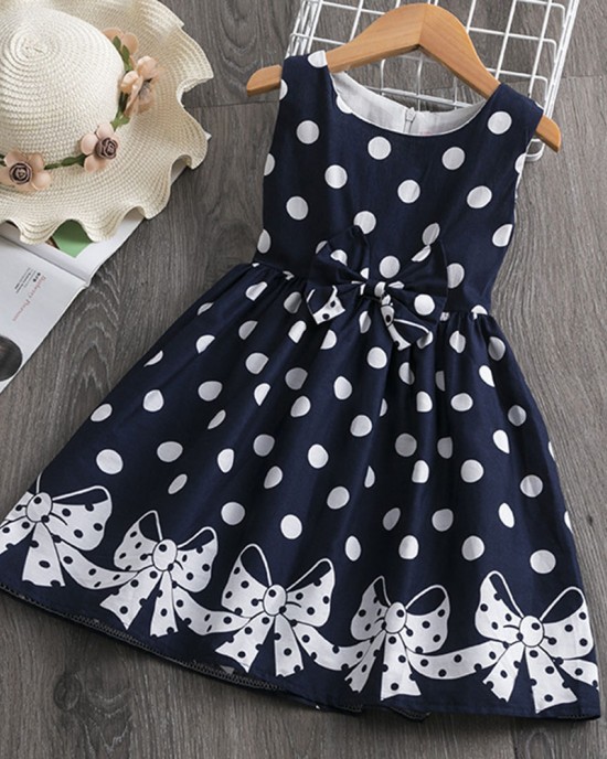 【2Y-12Y】Girls Polka Dot Bow Print Sleeveless Dress - 33315