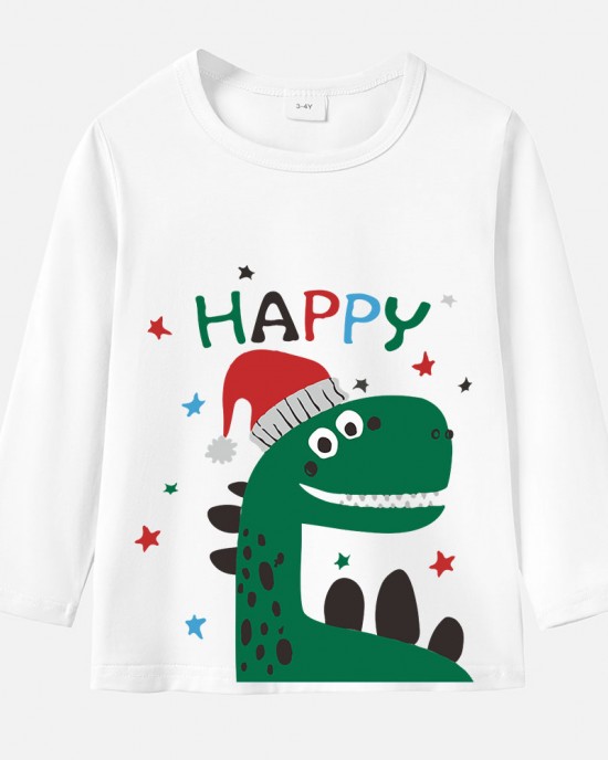 【12M-9Y】Boy Cotton Stain Resistant Christmas Dinosaur Print Long Sleeve Tee