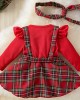 【3M-24M】2-piece Baby Girl Christmas Plaid Long Sleeve Romper With Hairband