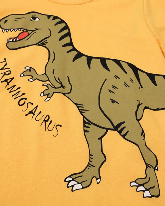 【18M-7Y】Boys Yellow Dinosaur Print Round Neck Long Sleeve T-shirt